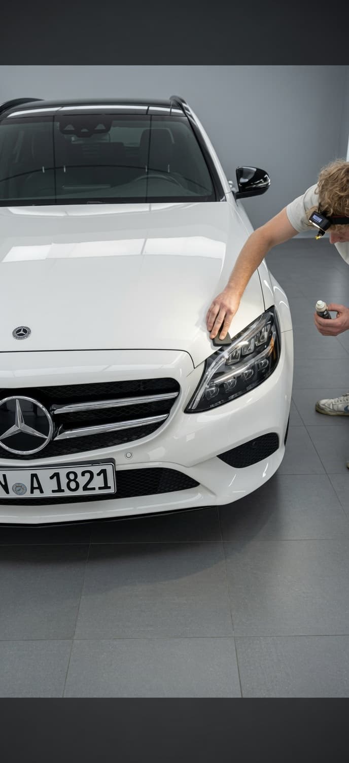 Eine Person trägt eine Keramikversiegelung auf den Kotflügel eines weißen Mercedes-Benz Autos auf.