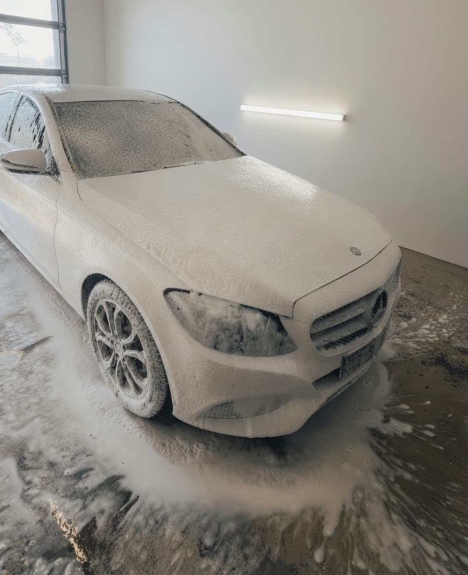 Ein weißer Mercedes-Benz, der in einer Garage vollständig mit dickem Reinigungsschaum bedeckt ist.