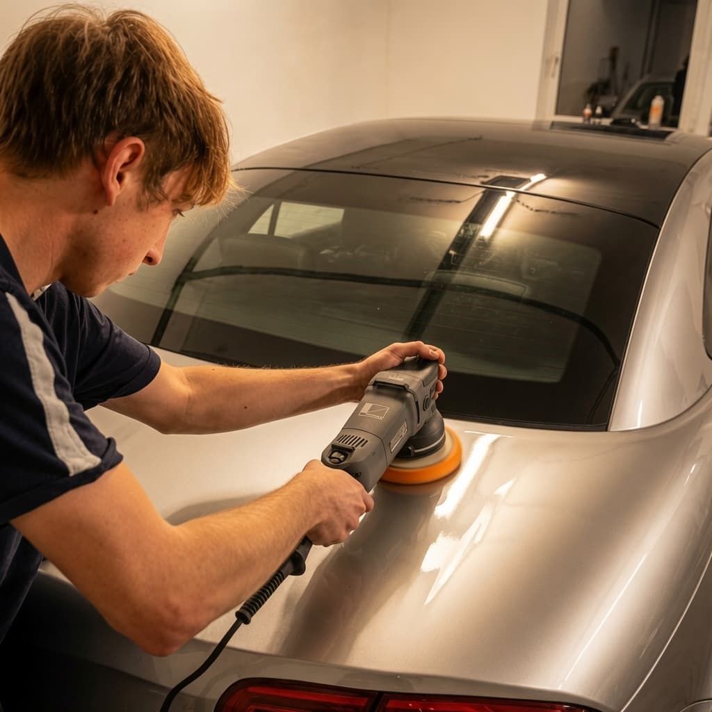 Ein Mann poliert den silbernen Lack eines Autos mit einer elektrischen Poliermaschine in einer Garage.